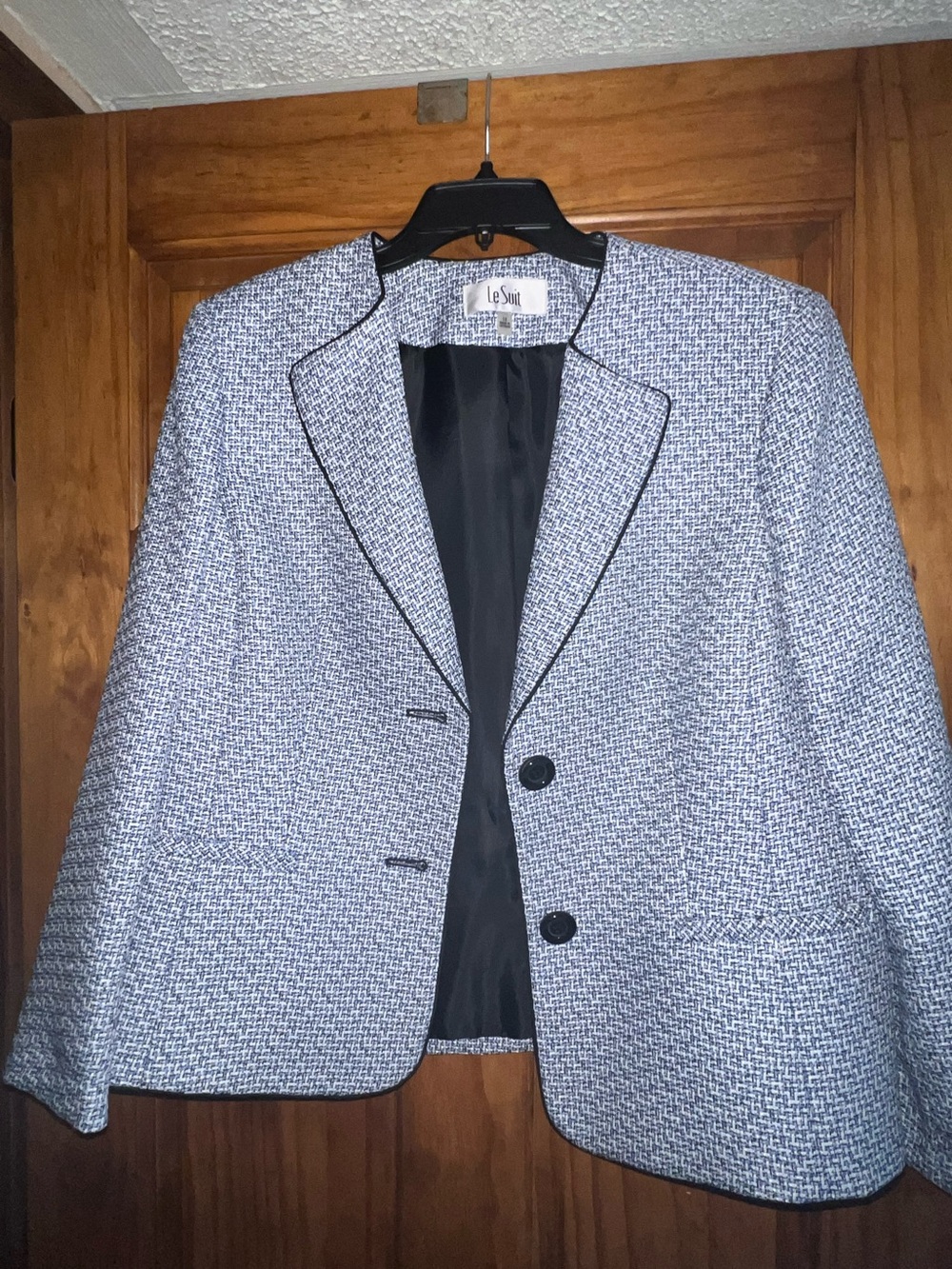 Le Suit Blue and Black Tweed Blazer with Black Trim